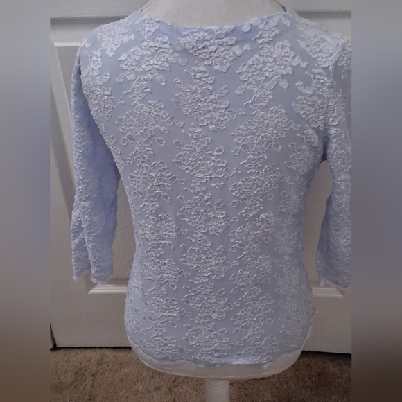 E.R.G. Collection Light Blue Shirt With White Floral Lace Overlay     Size L - Picture 6 of 14